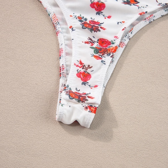White Floral‎ V Cut Frilled Trim Spaghetti Straps Bodysuit - Picture 7 of 12